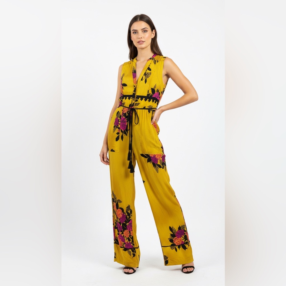 Anthropologie Mustard Yellow Floral Jumpsuit with Pink & Black Accents